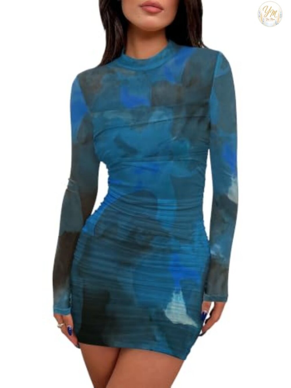 Women's Mesh Sheer Long Sleeve Ruched Mini Dress Bodycon Mock Neck